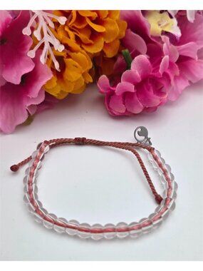 4Ocean Clear Bead Bracelet Peach Cord Adjustable Slide Knot 6mm Unisex